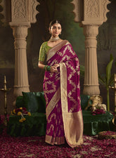 India Silk Rani Pink Lavender Presents Pure Crepe Dola Silk Sarees Featuring Elegant Zari Weaving And Unique